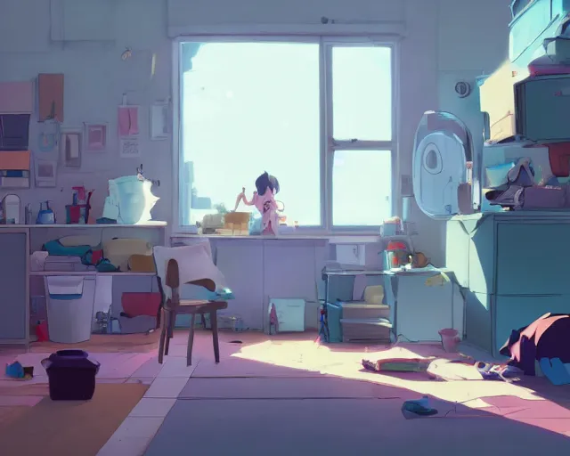 Prompt: an untidy room with laundry on the floor, detailed, by cory loftis, james gilleard, atey ghailan, makoto shinkai, goro fujita, studio ghibli, plain background