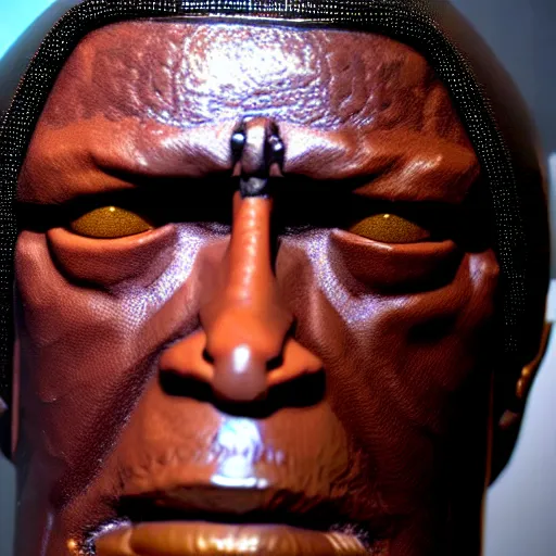 Image similar to deceptively real wax figure of Dezel Washington in Book of Eli by Madame Tussauds, face closeup