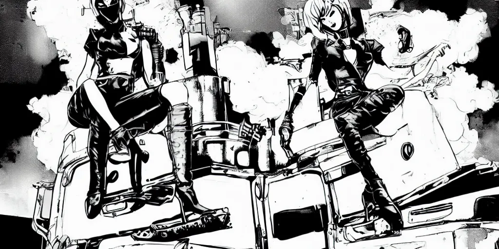 Image similar to single tank girl sitting on top of the tank. comic book style. black and white. illustration. marvel. print. high details.