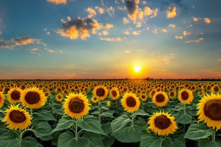 Prompt: a field of sunflowers with the sun setting in the background, scarecrow, a picture by pogus caesar, shutterstock contest winner, color field, photo taken with ektachrome, backlight, sunrays shine upon it