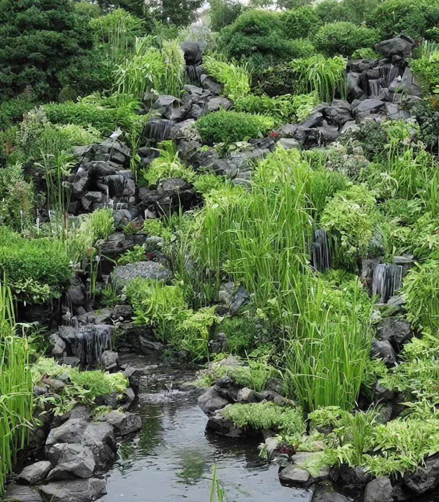 Image similar to a garden, in which there is a flowing water sculpture made of bamboo, garden landscape and symmetrical landscape ， by andre le notre ， trending ，