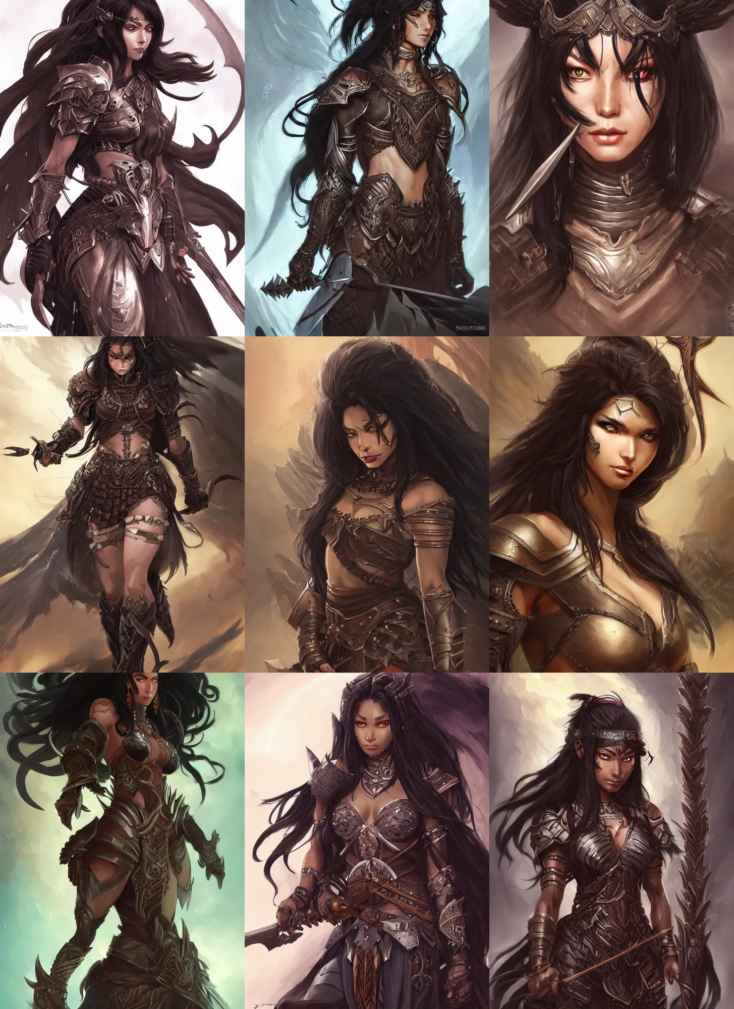 Image similar to beautiful warrior lady, black long hair, practical armor, brown skin, demonic eyes, low fantasy, extremely detailed, sharp focus, smooth, digital illustration, by rossdraws, frank franzzeta, sakimichan