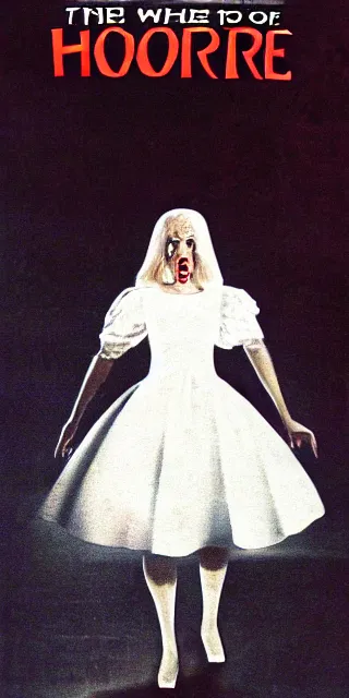 Image similar to Movie poster for a horror film about a tall scary woman in a white dress, 1978