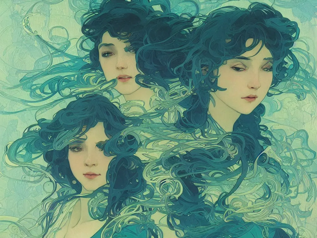 Image similar to blue and green waves, artstation, concept art, smooth, sharp focus, illustration, art by alphonse mucha and tian zi and WLOP