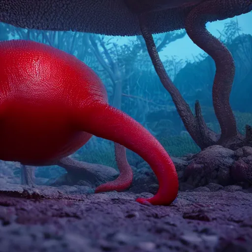 Image similar to The Ohmu are large, red, slug-like creatures with multiple legs and large, red eyes. soft lighting, rendered in octane, masterpiece, very very very aesthetic.