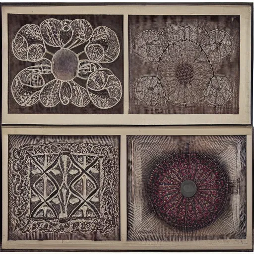 Image similar to lace panel with decorative motifs of railroad trains, telegraph poles, electric lights and hot air balloons ca. 1 9 0 0