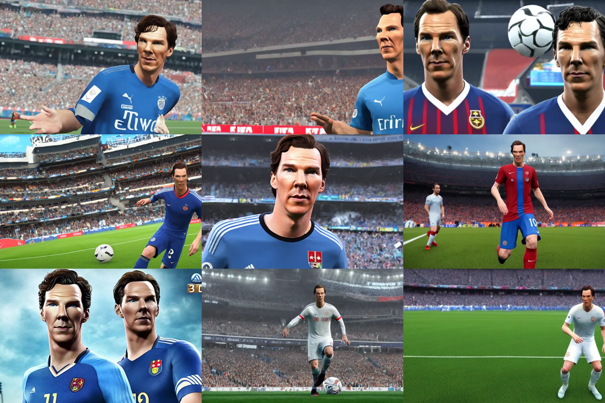 Prompt: a promotional gameplay screenshot of benedict cumberbatch in the video game fifa. 3 d rendering. very detailed