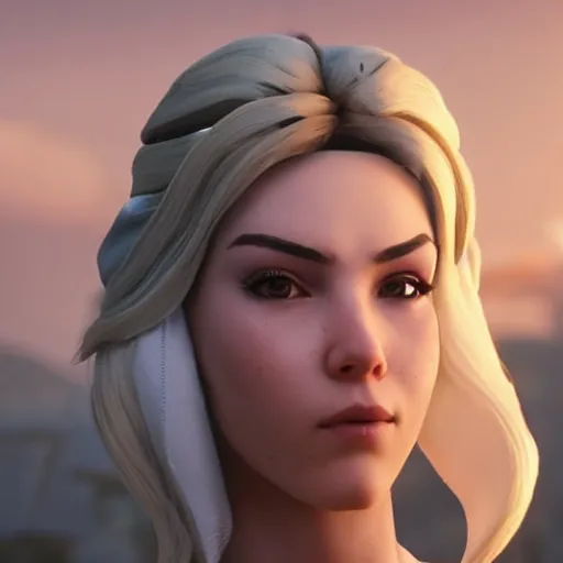 Image similar to film still of a beautiful young woman who looks like a mercy from overwatch in a movie by zack snyder, random background scene