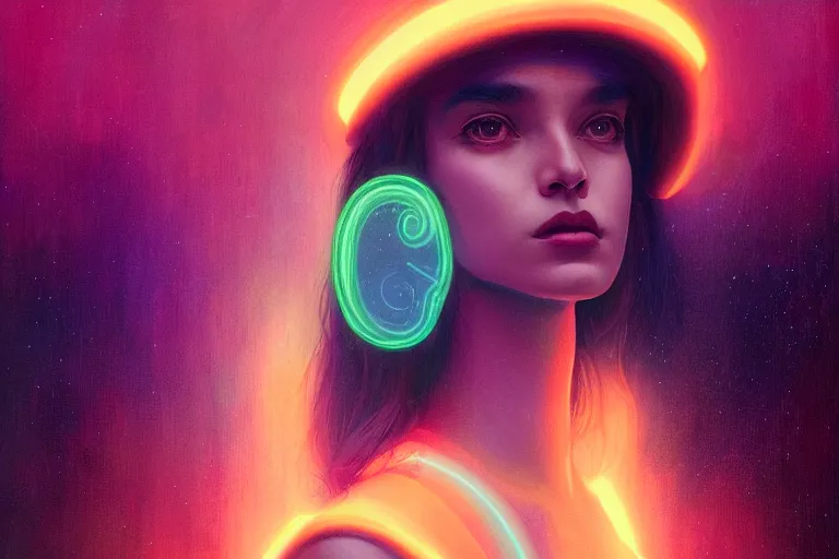 Image similar to patron saint of 🛸🌈👩🏾, futuristic clothing, neon god of city character portrait, in the style of moebius, tom bagshaw, and waterhouse, cinematic lighting, beautiful, elegant, oil painting,