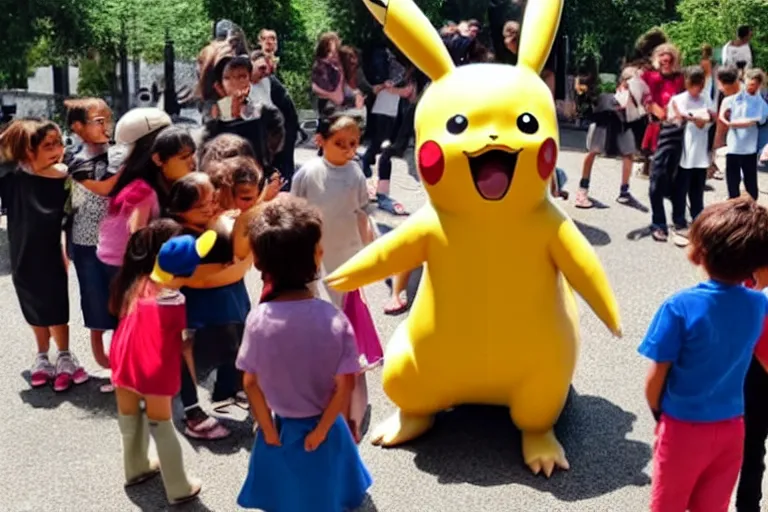 Image similar to a group of children are crowded around a life size pikachu and they looking directly it and they are laughing at it