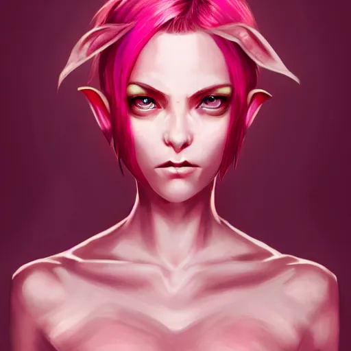 Prompt: half elf woman, beautiful, short pink hair, deep crimson eyes, digital art, smooth, character drawing, artstation, highly detailed, symmetry