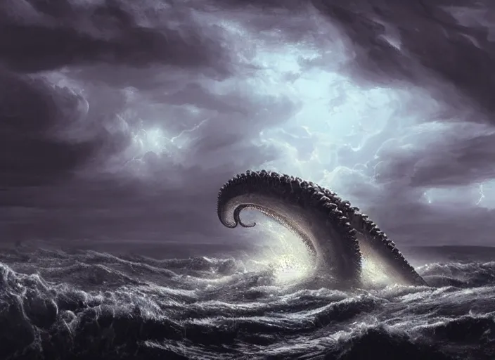 Image similar to wild ocean storm at night, a giant kraken emerging from water, dramatic lighting, cinematic, establishing shot, extremly high detail, foto realistic, cinematic lighting, post processed, concept art, artstation, matte painting, style by eddie mendoza, raphael lacoste, alex ross