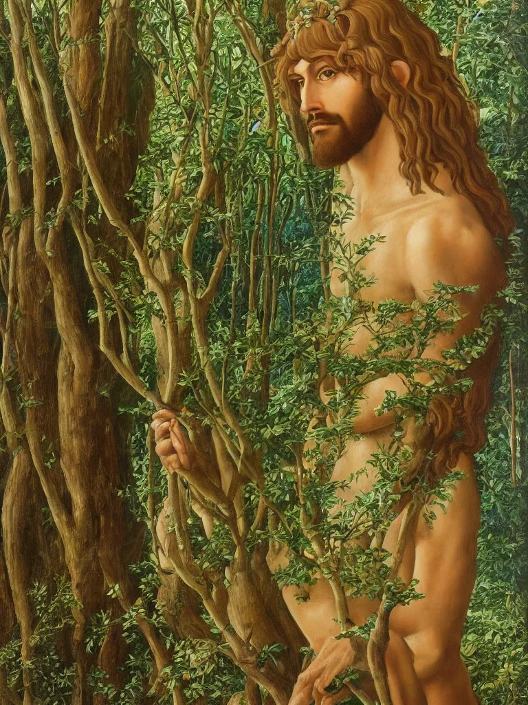 Image similar to Portrait of Jesus Christ as an elven king in a lush forest. Oil painting in the style of Botticelli. Fantasy art. 4k.