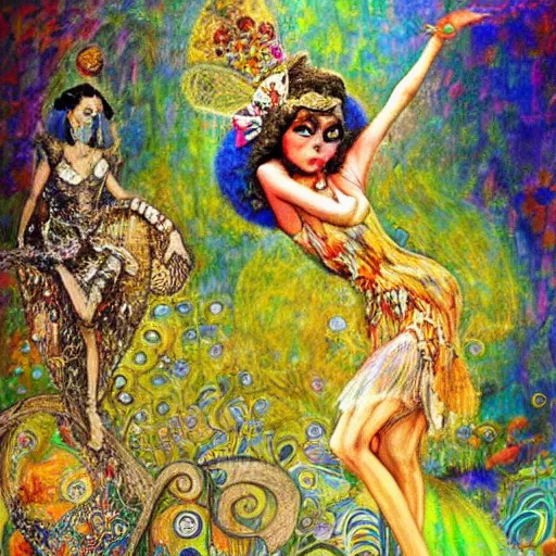 Image similar to josephine baker in alice in wonderland tripping on lsd, intricate detail, painting, klimt, royo, frazetta, whealan,