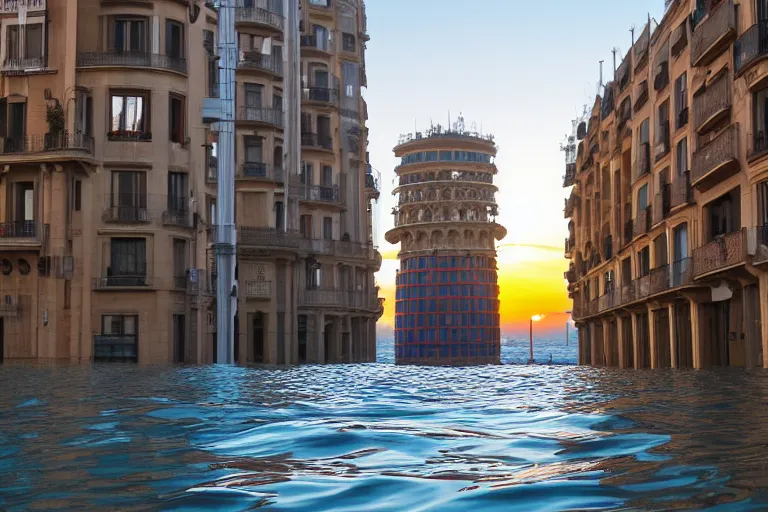 Prompt: views of catastrophic barcelona's agbar tower covered with high water, global warming, floating cars, sunset lighting, photo real