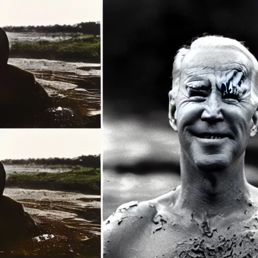 Image similar to film still, close up, joe biden rising out of muddy vietnam river, face covered in mud, low camera angle at water level, film still from apocalypse now ( 1 9 7 9 ), 2 6 mm,