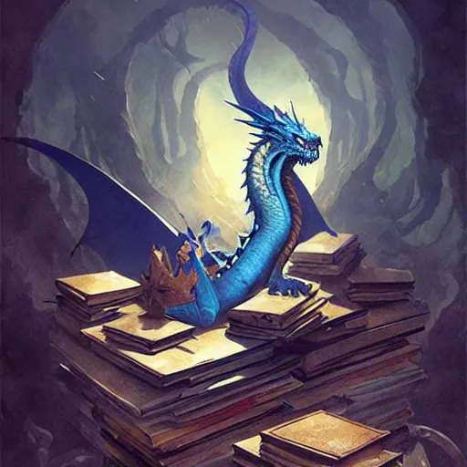 Image similar to blue dragon sitting on a hoard of books, fantasy, dnd, art by greg rutkowski