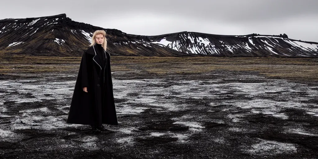 Prompt: iceland landscape photography, portrait of model in comme des garcon deconstructed black ice coat by lurie belegurschi and gunnar freyr