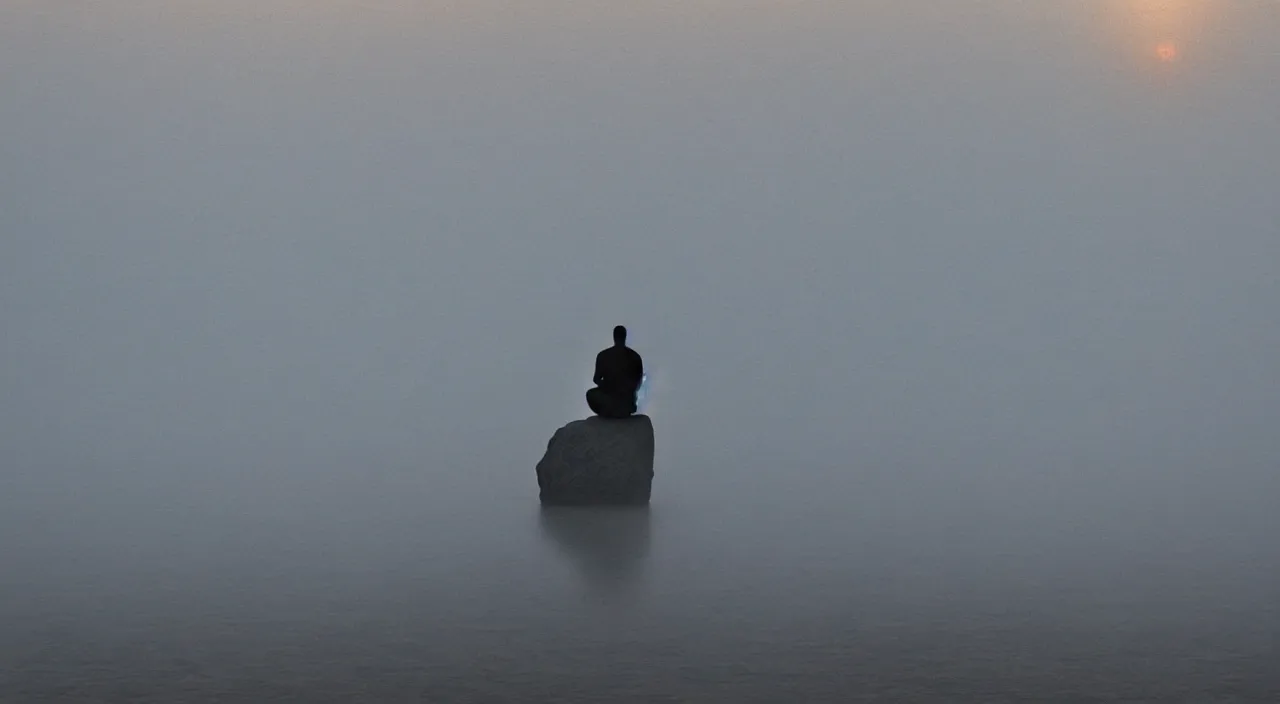 Image similar to a lonely silhouette of a meditating monk sitting in the fog on a stone protruding from the water in the rays of the morning sun, the focus of the camera on the monk, painted with large strokes of oil paints.