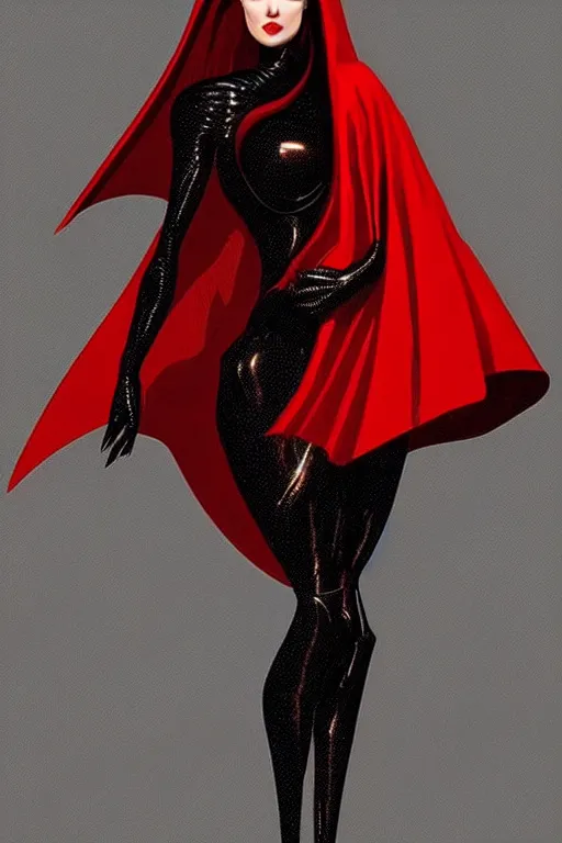 Image similar to detailed beautiful noun in opened black gold red coat, seductive confident pose, attractive feminine curves, intricate details, futuristic, alien, elegant cape, elegant, photorealism, trending on artstation, holy halo, advanced technology, art by moebius and vitaly bulgarov and chanthara