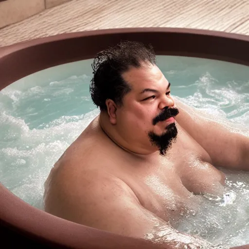 Image similar to photographic portrait by Annie Leibovitz of GreekGodX in a hot tub, closeup, foggy, sepia, moody, dream-like, sigma 85mm f/1.4, 15mm, 35mm, 4k, high resolution, 4k, 8k, hd, full color