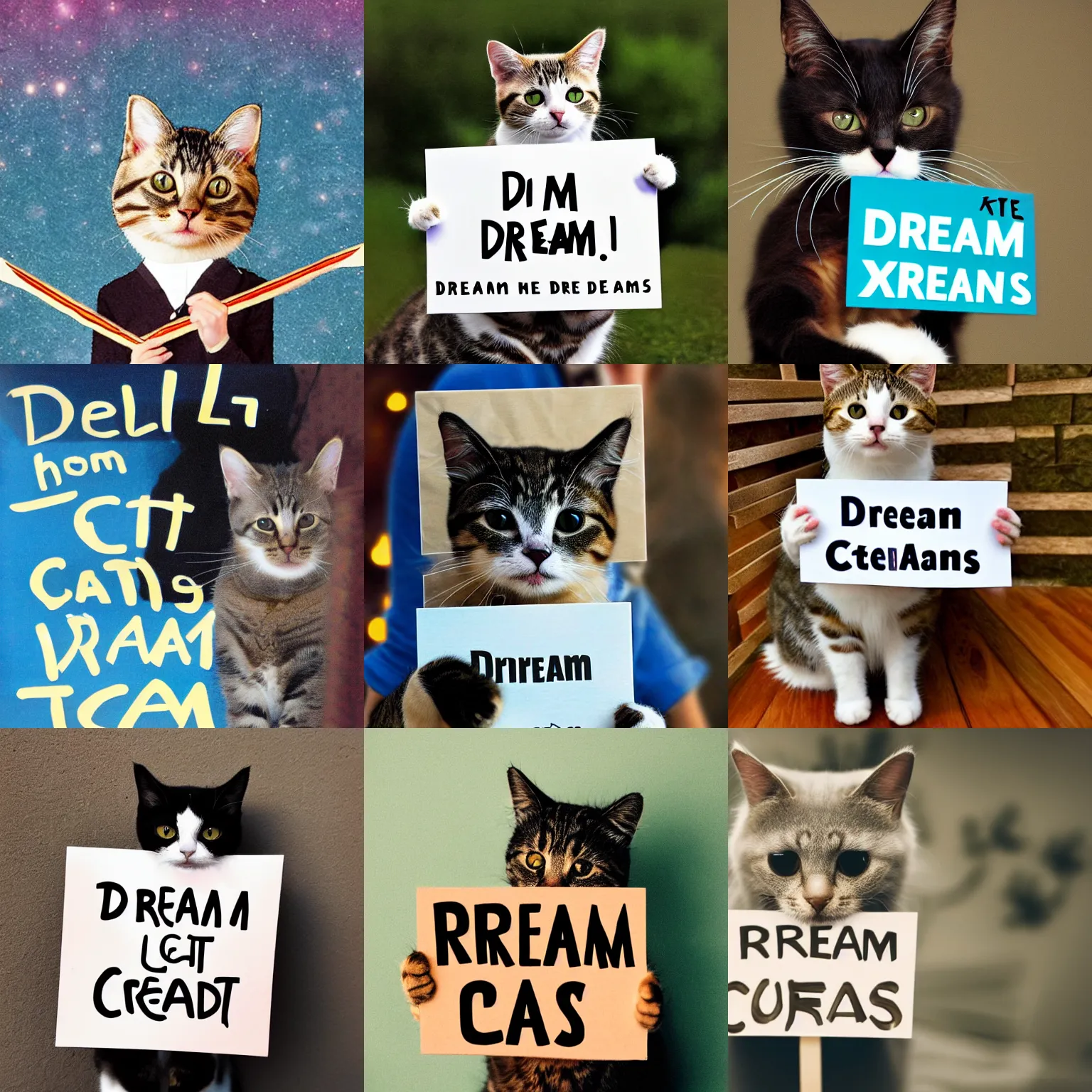 Image similar to realistic high quality photo of a cute cat holding a sign with text that reads : dream cats