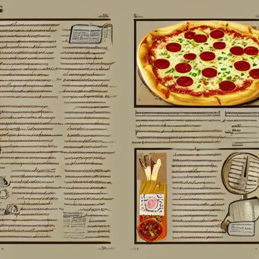 Prompt: Pizza recipe book in the style of Voynich Manuscript, 8k, artstation, concept art,