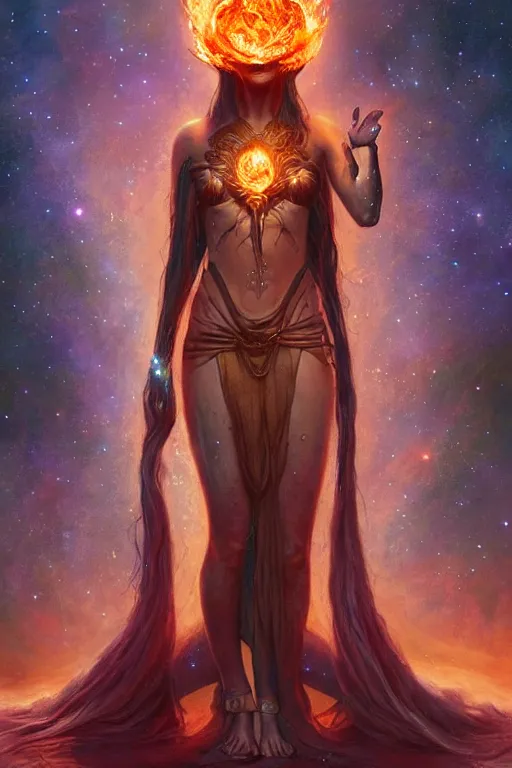 Prompt: Galactic Goddess of Fire Holding the Earth in her Hands, fantasy, magic, digital illustration by Seb McKinnon and WLOP and ArtGerm, trending on artstation