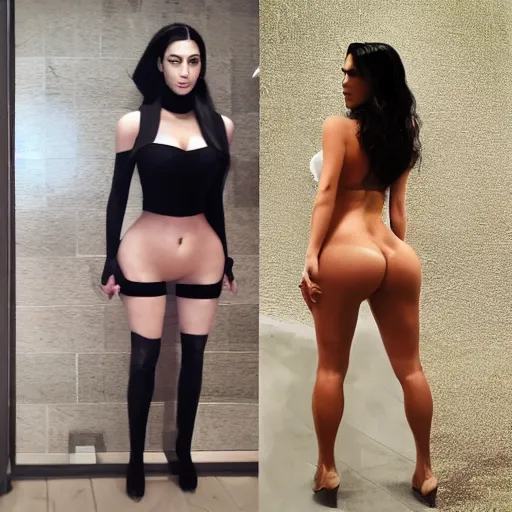 Image similar to a woman who is a genetic combination of kim kardashian and gal godot full body centerfold