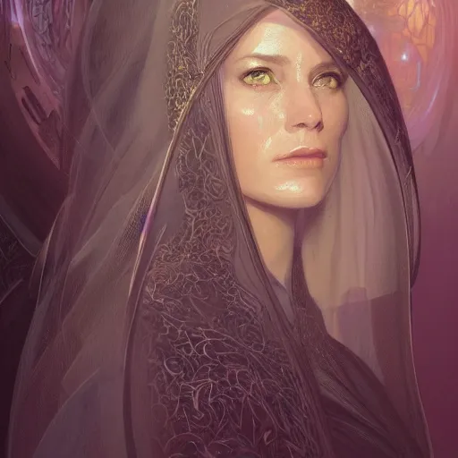 Image similar to portrait, female bene gesserit, bee keeper, veiled face, d & d, fantasy, intricate, elegant, highly detailed, digital painting, artstation, concept art, matte, sharp focus, illustration, art by artgerm and greg rutkowski and alphonse mucha