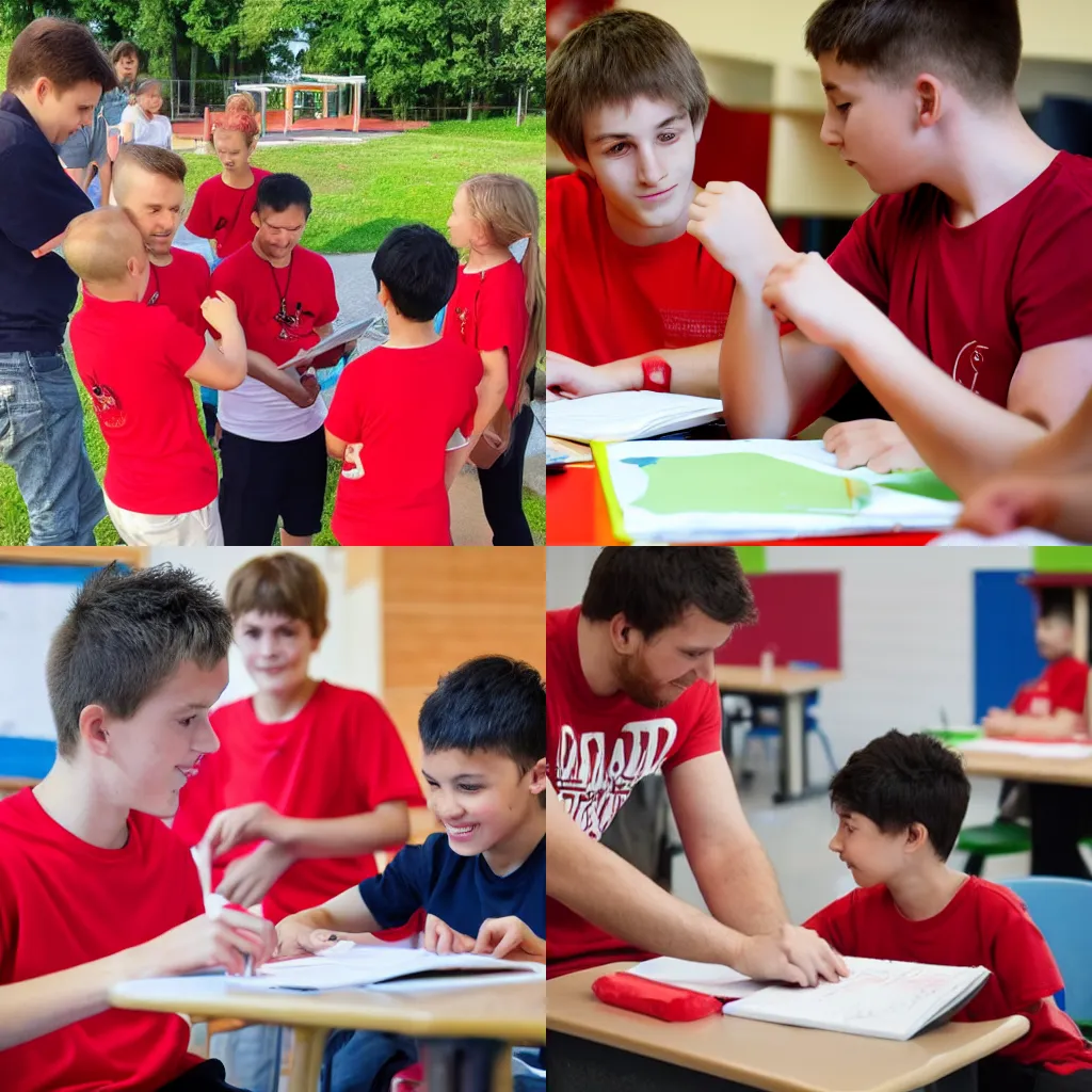 Prompt: a young man with a red t - shirt that is tutoring new kids at a international school in finland