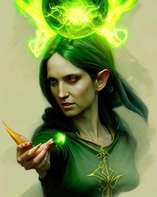 Image similar to a female elvish sorceress casting a green fireball | | pencil sketch, realistic shaded, fine details, realistic shaded lighting poster by greg rutkowski, magali villeneuve, artgerm, jeremy lipkin and michael garmash and rob rey