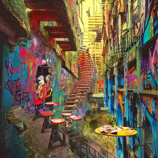 Prompt: breakfast at las pozas, graffiti by moebius, happy mood, cyberpunk, futuristic, 1 9 7 0 cut out collage, technilogy, high detail, golden light, realistic
