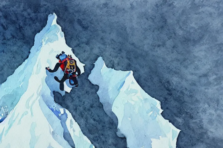 Image similar to diving from the top of mount everest. Film watercolor, artstation, highly detailed. Sharp, 8k