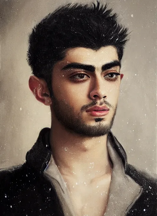 Image similar to head and shoulders portrait painting of young man who looks like zayn malik as an elf by jeremy mann, wearing leather napoleonic military style jacket, only one head single portrait, pointy ears, black background, soft top lighting, dark and moody, shadowed, contrast