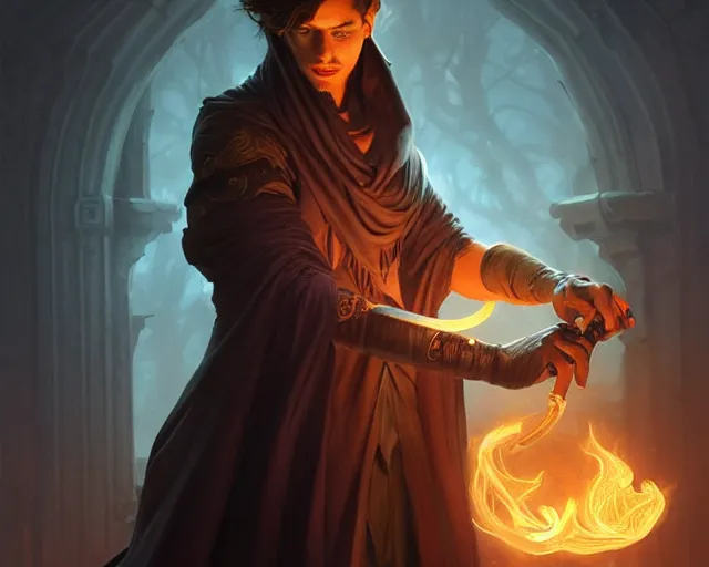 Image similar to young shadow mage male, holding a tobacco pipe, shrouded face, deep focus, d & d, fantasy, intricate, elegant, highly detailed, digital painting, artstation, concept art, matte, sharp focus, illustration, hearthstone, art by artgerm and greg rutkowski and alphonse mucha