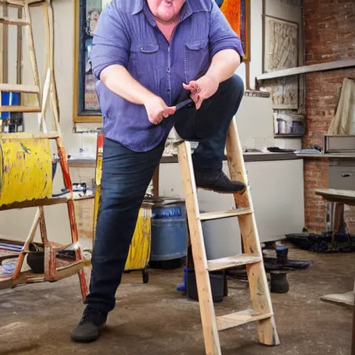 Image similar to johnny vegas making a very large teapot, sitting on a ladder, art school, studio, photorealistic