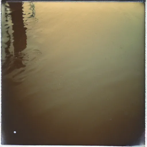 Prompt: a rusty bedframe, dark, murky water, underwater, old polaroid, expired film,