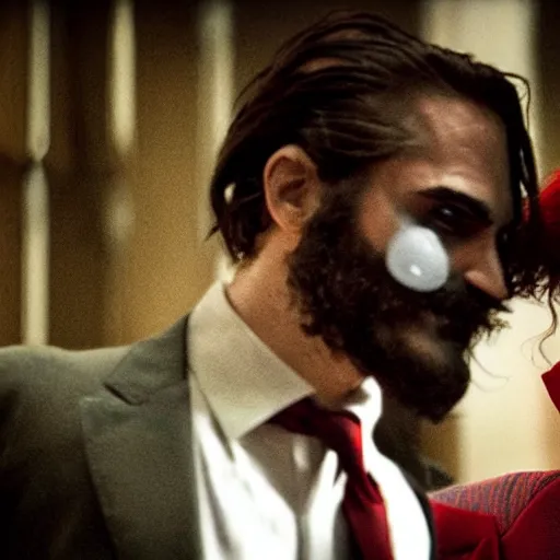 Image similar to ultra realistic stealth candid photograph from joaquin phoenix with lady gaga in new joker movie footage's, intricate details, photorealistic