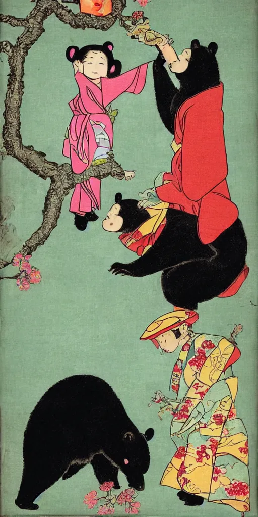 Prompt: anthropomorphic asian black bear lifting up a small girl wearing a kimono to pick an apple from a branch above their heads, best artists of all time