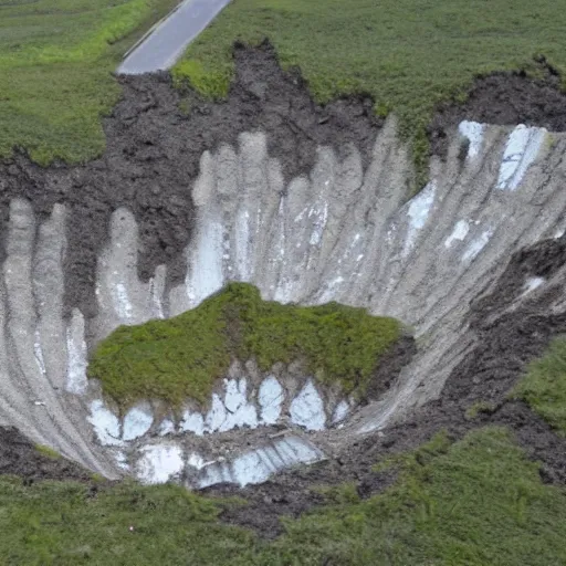 Prompt: helicopter shot of gigantic permafrost sinkhole, collapsing ground, disaster movie