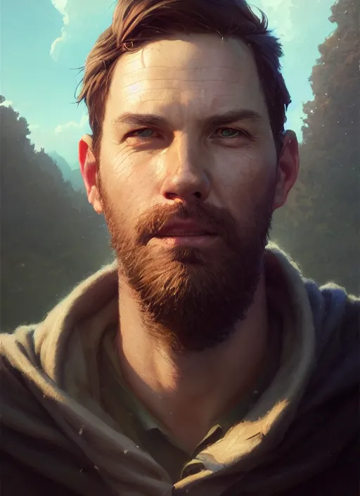 Image similar to Highly detailed portrait of Trevor, Stephen Bliss, unreal engine, fantasy art by Greg Rutkowski, Loish, Rhads, ferdinand knab, Makoto Shinkai and Lois van baarle, ilya kuvshinov, rossdraws, Tom Bagshaw, global illumination, radiant light, detailed and intricate environment