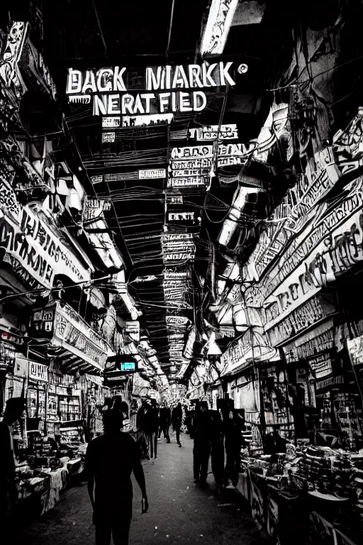 Image similar to cyberpunk black indian market, indoor, full of neon lights, crowded with cyborgs buying hi - tech drugs, photorealistic, 3 5 mm, grainy ruined film, dark color scheme, in the style of blade runner