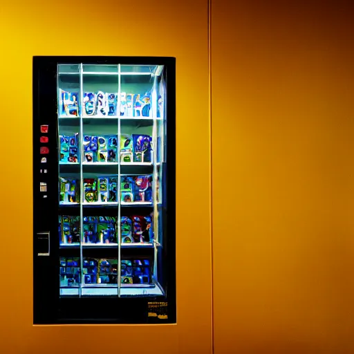 Image similar to noisy color photograph of a vending machine room, laboratory, dark corners, minimalist, cinematic, soft vintage glow