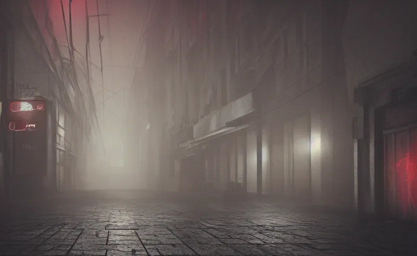 Prompt: red night street, gloomy and foggy atmosphere, octane render, artstation trending, horror scene, highly detailded
