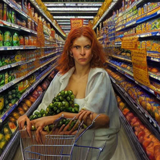 Image similar to portrait of a female survivor in the supermarket, by donato giancola.