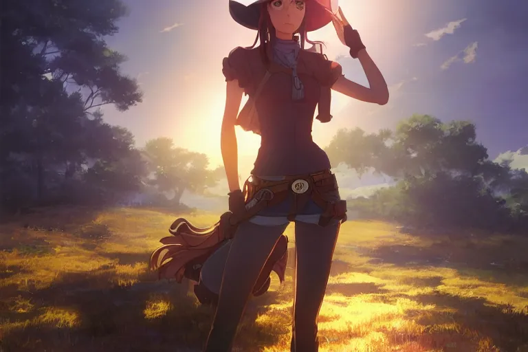 Image similar to western cowgirl, single centered subject, scenic full shot, ambient lighting, detailed face, by makoto shinkai, stanley artgerm lau, wlop, rossdraws