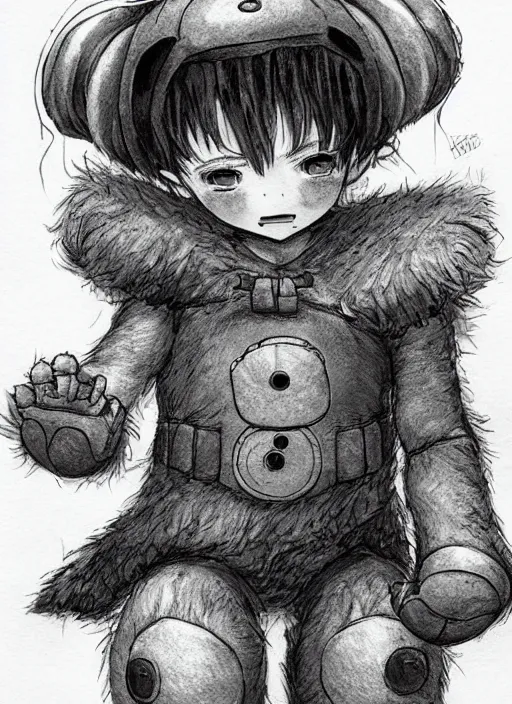 Image similar to beautiful little boy wearing an cyborg bear suit, artwork in kentaro miura and made in abyss and rosdraws, smooth, beautiful lightness, anatomically correct, trending on pixiv, forest