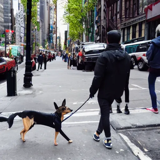 Prompt: a low poly dog walking by a human on a crowded street in New York city, 8k