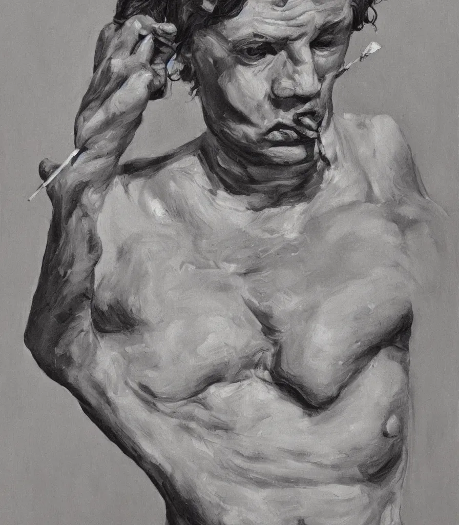 Prompt: the face and shoulders of a young politican without shirt in the style of lucian freud. smoking a cigarette. one hand is reaching behind he head. face has many wrinkles, cuts and character. he is looking down. oil painting, thick brush strokes. shadows. clean gray brown background. lit by a single light from above his head. perspective from below. 5 0 mm